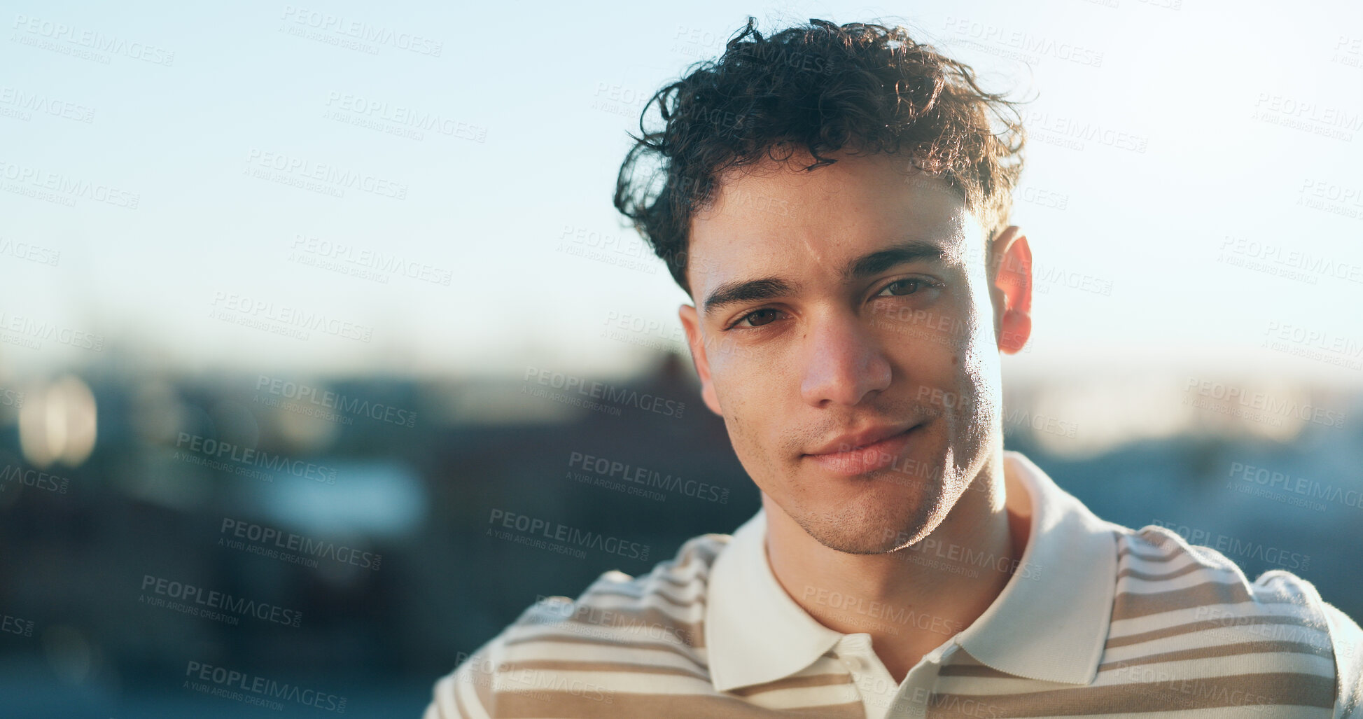Buy stock photo Evening, portrait and space with student man outdoor for city scholarship or education break. College, school and university with confident learner at urban campus for future opportunity or growth