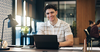 Buy stock photo Portrait, smile and man with laptop in office, blogger and editing article with research or creative. Business, writer and happy person with technology, online and confident for career development