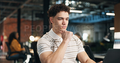 Buy stock photo Man, thinking or reading in office with laptop, review web design or productivity for online project. Network, coworking or person with computer, digital designer problem solving or site development.