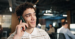 Thinking, business and man in office with phone call, contact and discussion for media statement. Person, coworking and talk in workplace with mobile, testimony and public relations for press release