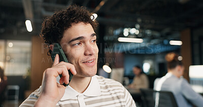 Buy stock photo Thinking, business and man in office with phone call, contact and discussion for media statement. Person, coworking and talk in workplace with mobile, testimony and public relations for press release
