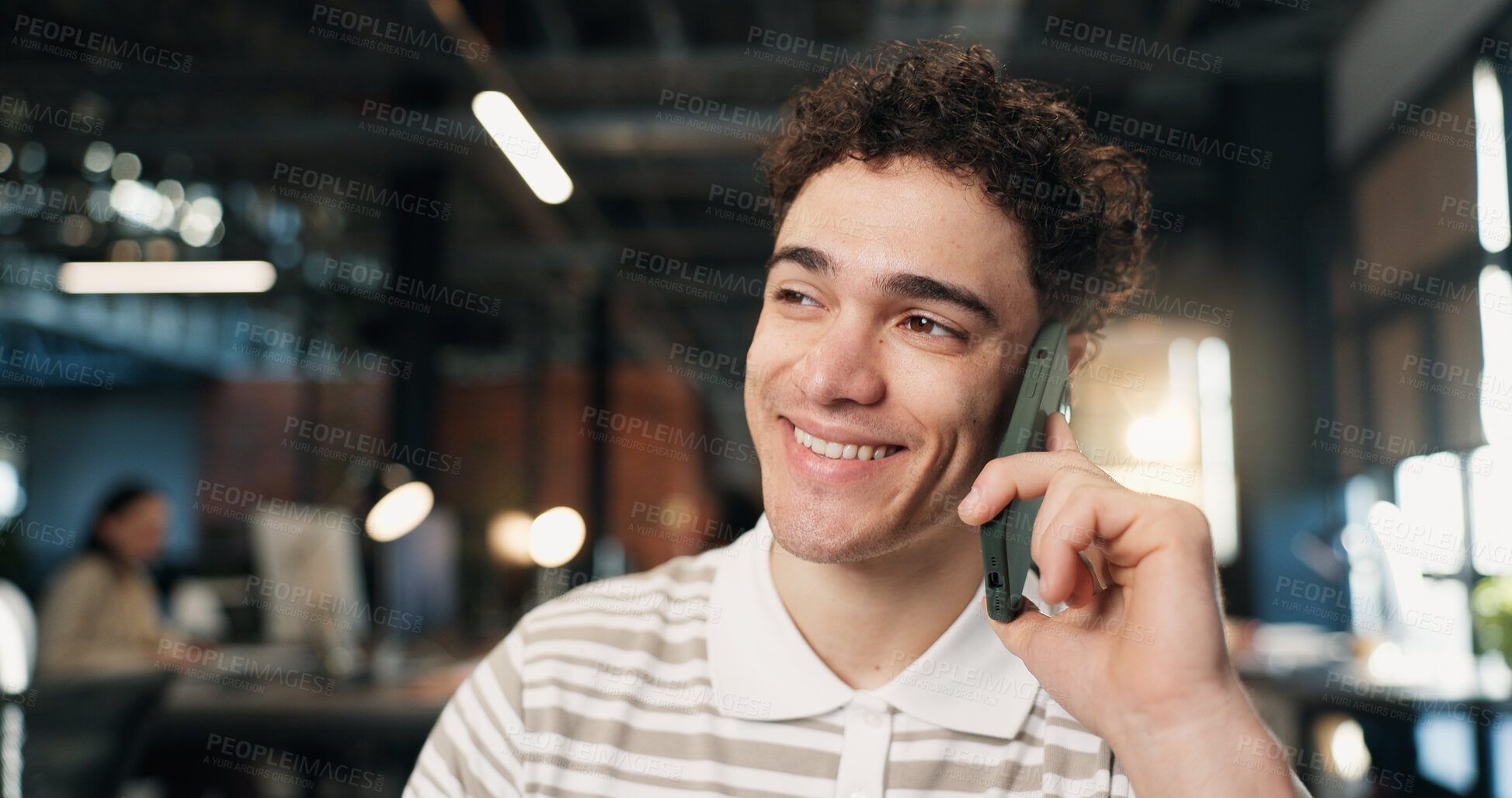 Buy stock photo Smile, business and man in office with phone call, contact and interview for media statement. Thinking, person or coworking in workplace with mobile, discussion and online testimony for press release