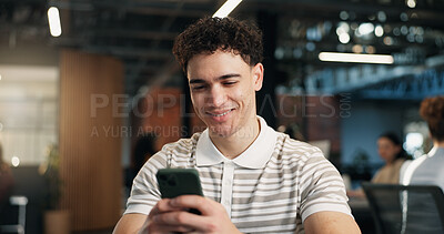 Buy stock photo Happy, man and email in office with phone, text message notification and good news for work project. Bokeh, coworking and person in business with digital tech, smile and positive feedback for job.