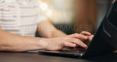 Buy stock photo Man, hands and typing in office with laptop, online research and copywriter for newsletter campaign. Creative, person and copywriting in business with computer, email marketing and brand awareness.