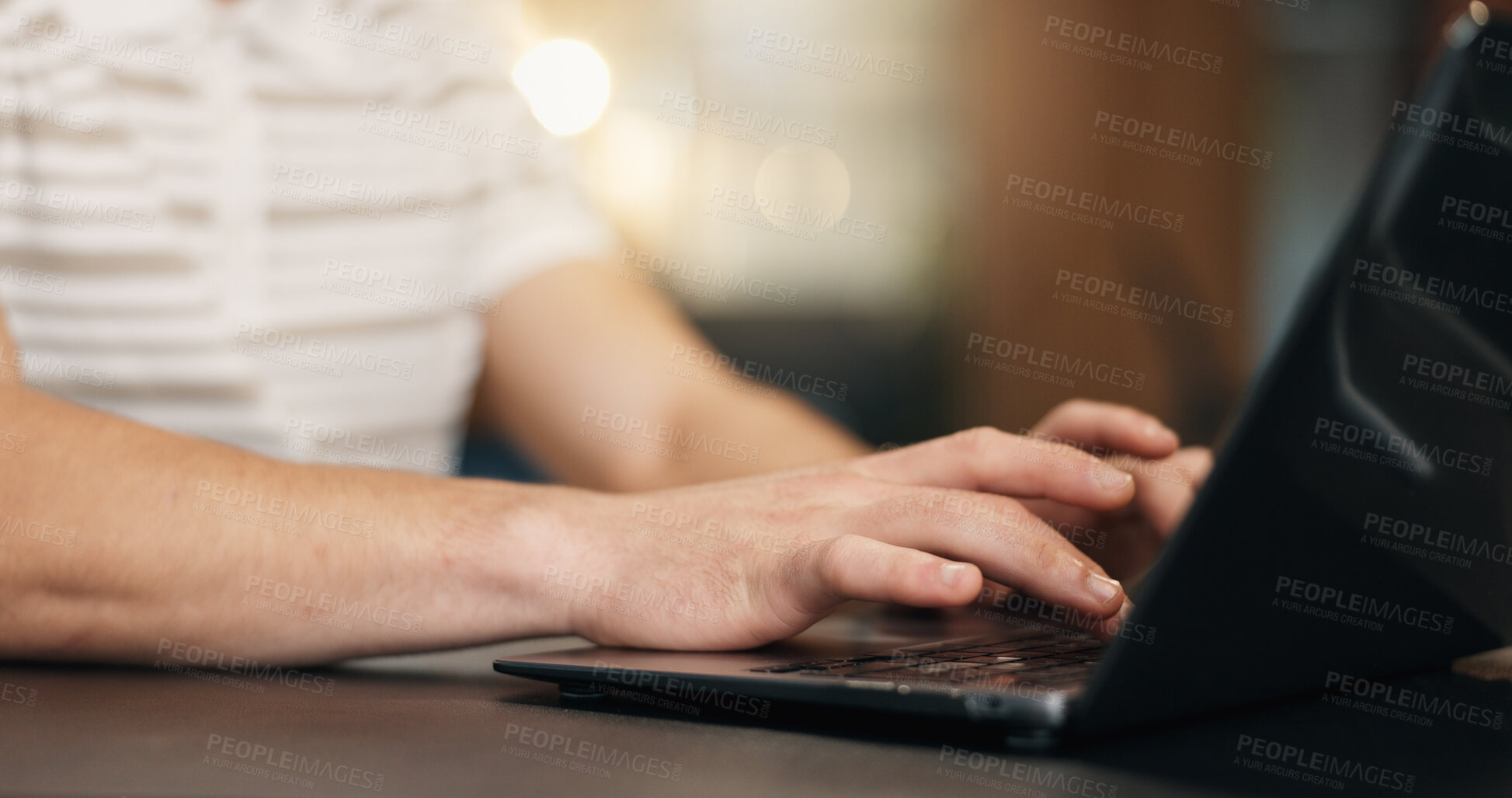 Buy stock photo Man, hands and typing in office with laptop, online research and copywriter for newsletter campaign. Creative, person and copywriting in business with computer, email marketing and brand awareness.