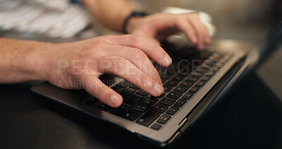 Buy stock photo Man, hands and typing in business with laptop, online research or copywriter for newsletter campaign. Creative, person and copywriting in office with computer, email marketing and brand awareness.