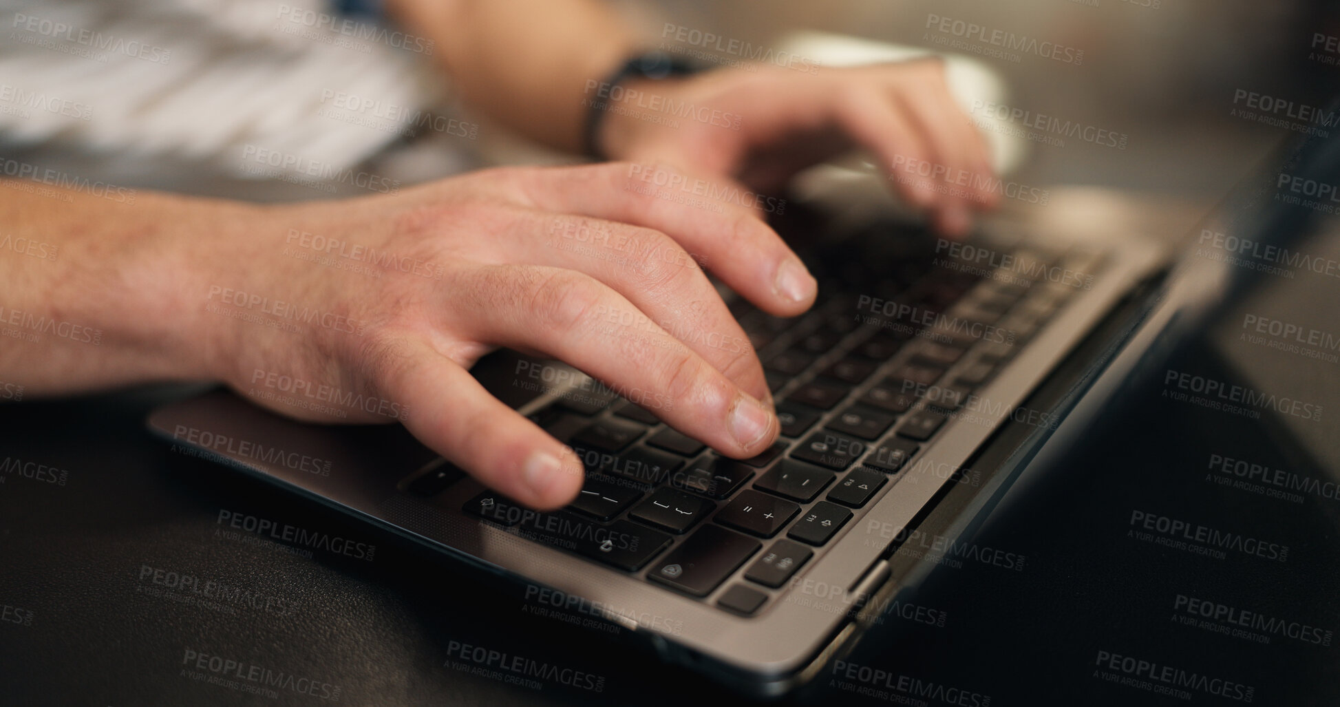 Buy stock photo Man, hands and typing in business with laptop, online research or copywriter for newsletter campaign. Creative, person and copywriting in office with computer, email marketing and brand awareness.