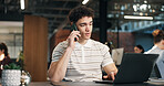 Business, man and laptop in office with phone call, research and contact for media statement. Male person, mobile app and coworking in workplace with pc, proofreading and testimony for press release