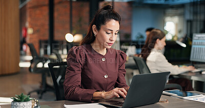 Buy stock photo Finance, businesswoman and typing in office with laptop, data collection and payroll administration. Coworking, mature person and stats with computer, charts and financial report for worker income.