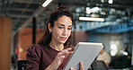 Creative, reading and woman with tablet in office, happy and planning for article and scroll on app. Business, blogger and mature person with technology, editing and browsing research on website