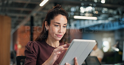 Buy stock photo Creative, reading and woman with tablet in office, happy and planning for article and scroll on app. Business, blogger and mature person with technology, editing and browsing research on website