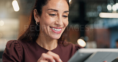 Buy stock photo Happy, woman and reading in office with tablet, email notification or good news for social media PR. Bokeh, mature person and smile in business with tech, positive feedback or public relations update
