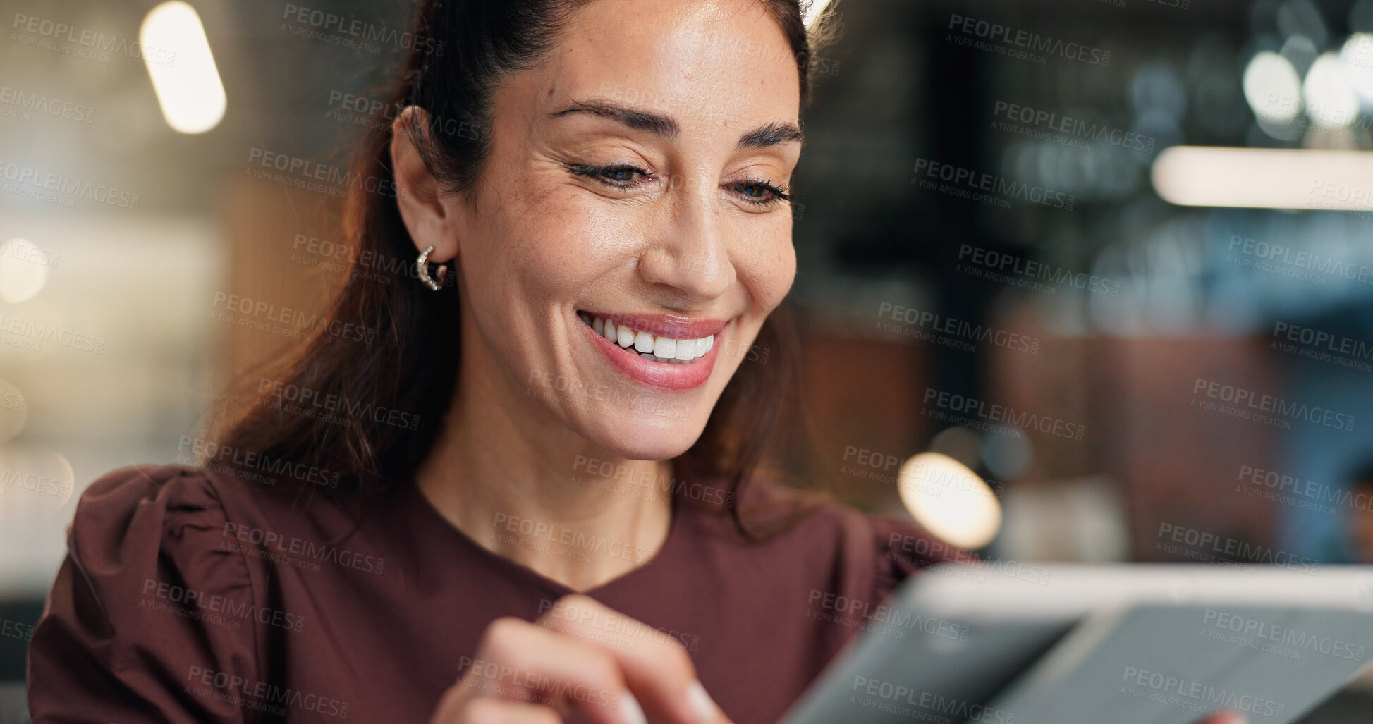 Buy stock photo Happy, woman and reading in office with tablet, email notification or good news for social media PR. Bokeh, mature person and smile in business with tech, positive feedback or public relations update