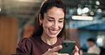 Happy, woman and email in office with phone, reading text message and good news for social media PR. Bokeh, mature person and smile in business with tech, positive feedback or public relations update