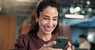 Buy stock photo Happy, woman and email in office with phone, reading text message and good news for social media PR. Bokeh, mature person and smile in business with tech, positive feedback or public relations update