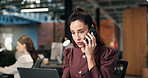 Corporate, woman and laptop in office with phone call, research and contact for media statement. Mature person, mobile or discussion in workplace with pc, proofreading and testimony for press release