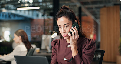Buy stock photo Corporate, woman and laptop in office with phone call, research and contact for media statement. Mature person, mobile or discussion in workplace with pc, proofreading and testimony for press release