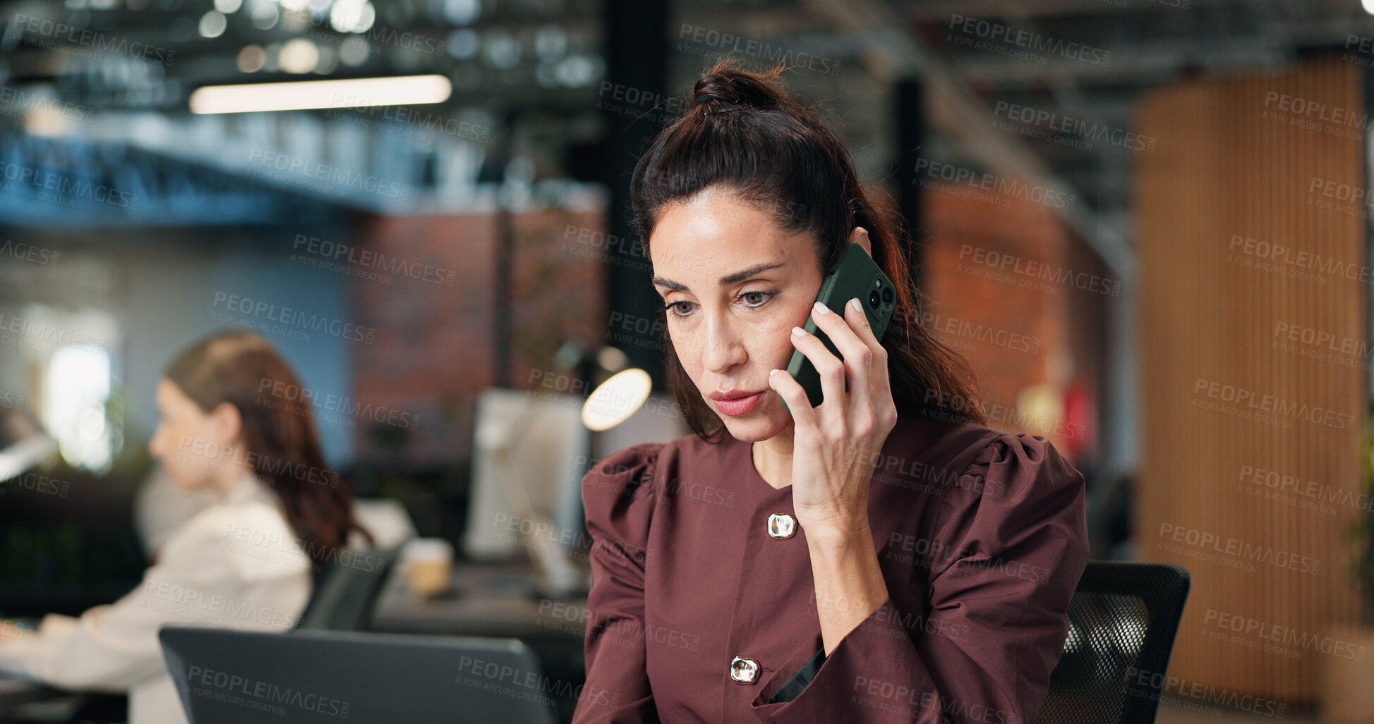 Buy stock photo Corporate, woman and laptop in office with phone call, research and contact for media statement. Mature person, mobile or discussion in workplace with pc, proofreading and testimony for press release