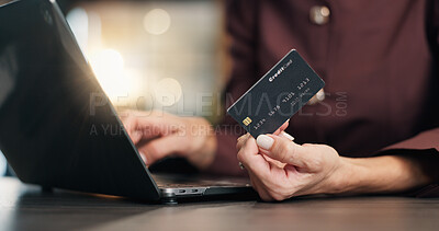 Buy stock photo Woman, hands and laptop with credit card in office for online shopping, purchase or banking. Female person, employee or shopper with debit, computer or bokeh for ecommerce or wireless payment