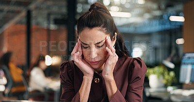Buy stock photo Woman, business or stress with headache in office for overworked strain, pressure or discomfort. Tired, mature person or employee with migraine for work tension, deadline or fatigue in workplace