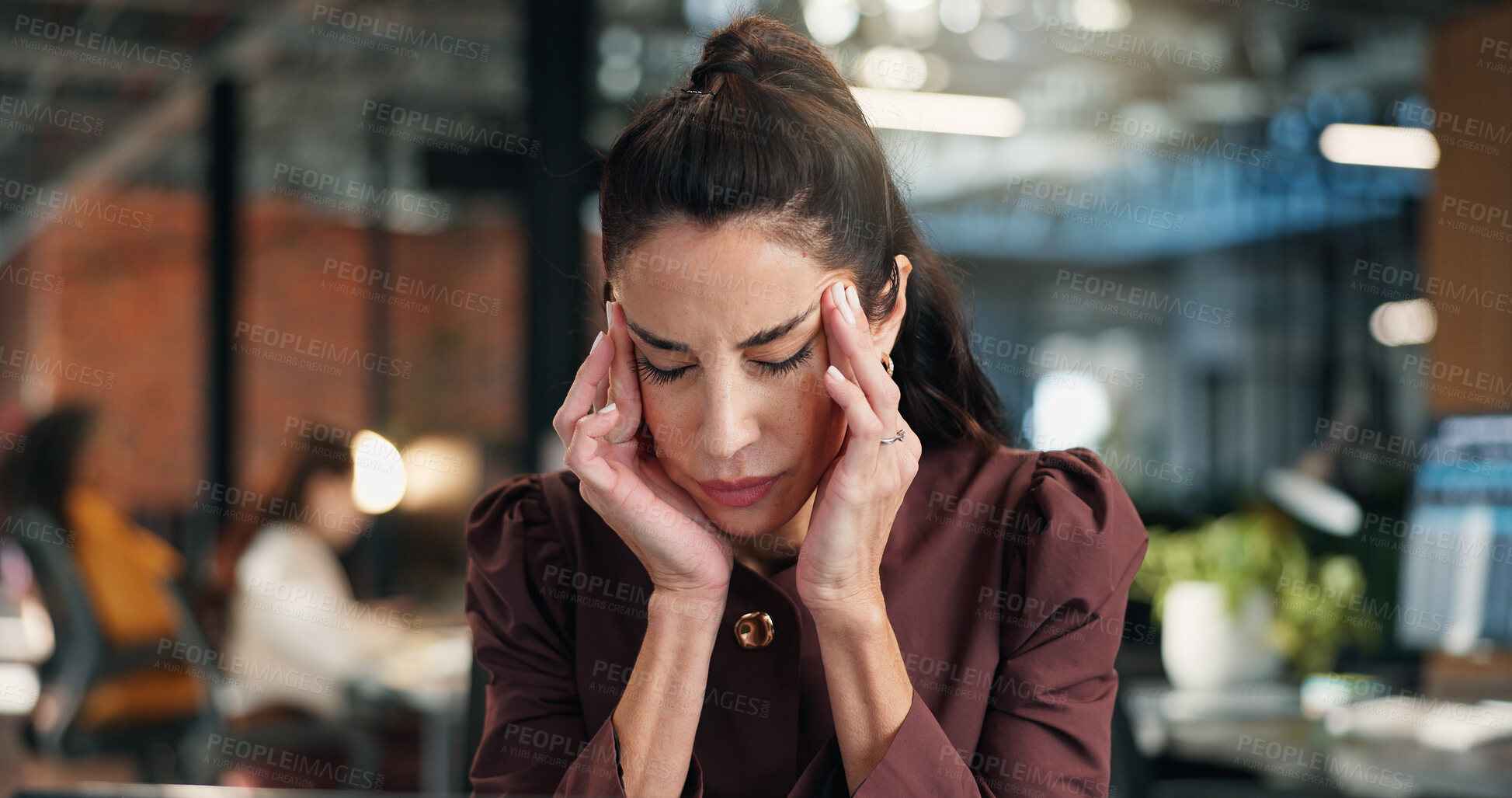 Buy stock photo Woman, business or stress with headache in office for overworked strain, pressure or discomfort. Tired, mature person or employee with migraine for work tension, deadline or fatigue in workplace