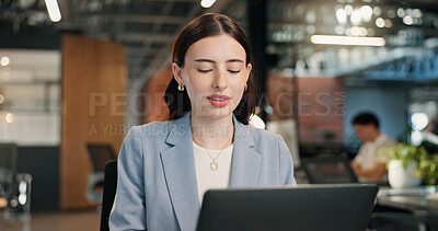 Buy stock photo Office, reading and business woman on laptop for digital marketing, brand campaign and research. Creative, coworking and person on computer for planning, ideas and online review for advertising