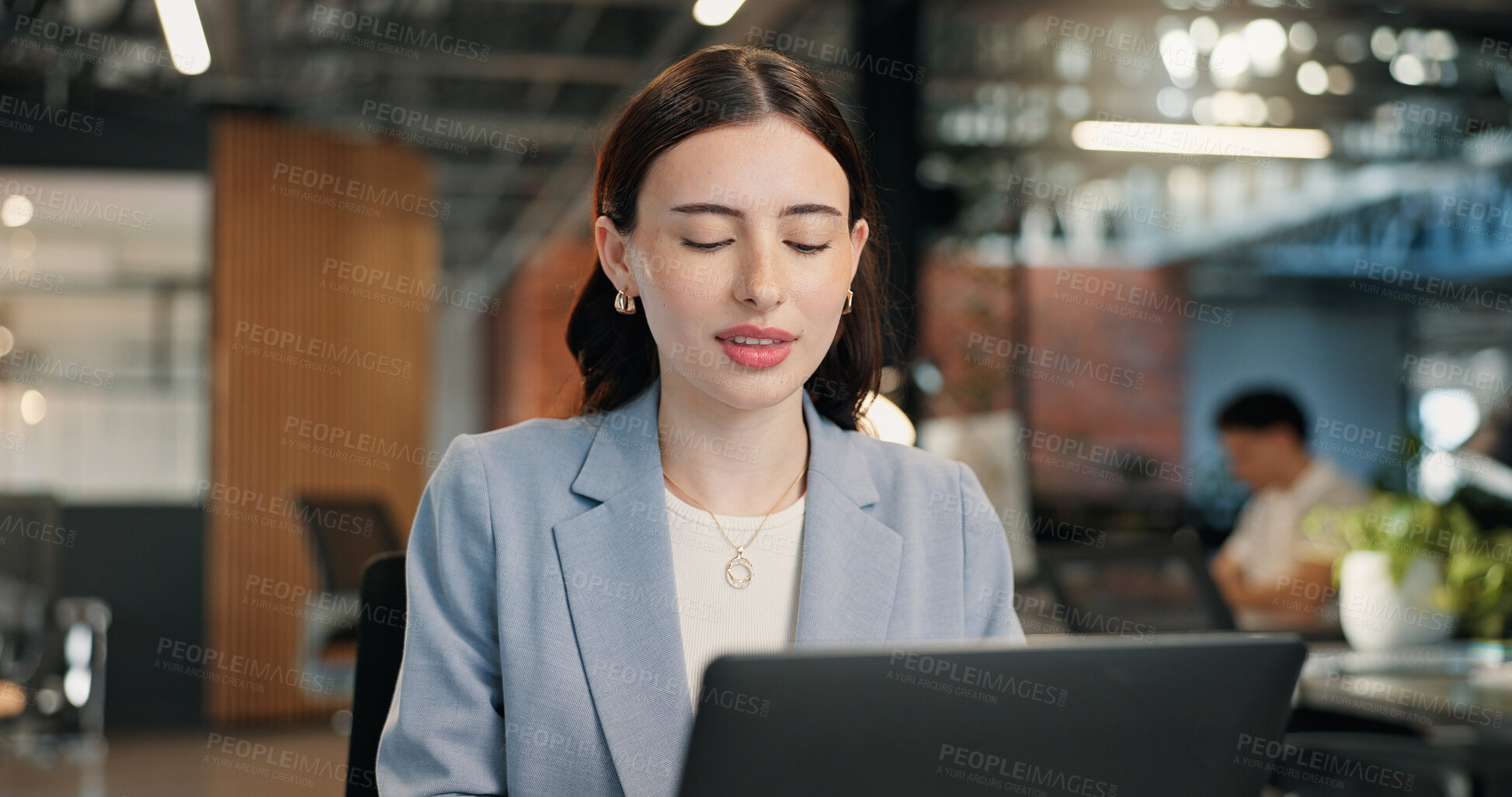 Buy stock photo Office, reading and business woman on laptop for digital marketing, brand campaign and research. Creative, coworking and person on computer for planning, ideas and online review for advertising