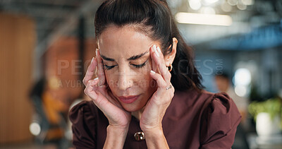 Buy stock photo Headache, overload and stress with business woman in office for symptoms of burnout or fatigue. Anxiety, deadline and overwhelmed with mature employee in corporate workplace for project failure