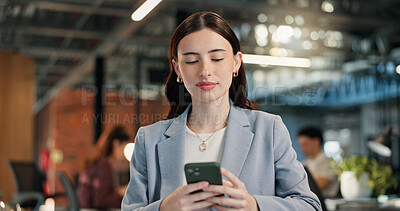 Buy stock photo Woman, typing and email in office with phone, internet network and digital communication for company. Bokeh, coworking and person in agency with tech, text message and mobile app for business chat.