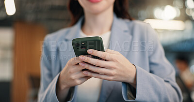Buy stock photo Woman, hands and typing in business with phone, internet network and email for digital communication. Bokeh, person and browsing in office with tech, text message and mobile app for social media.