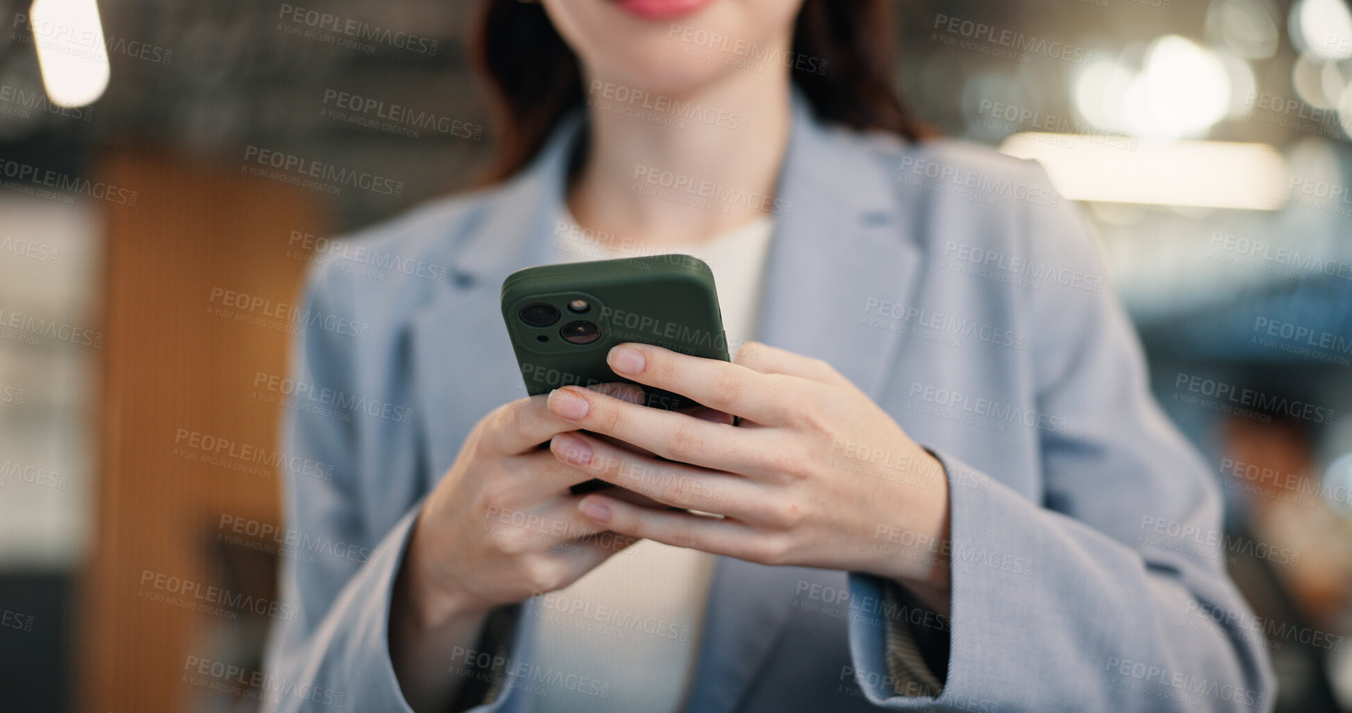 Buy stock photo Woman, hands and typing in business with phone, internet network and email for digital communication. Bokeh, person and browsing in office with tech, text message and mobile app for social media.