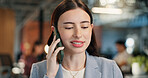 Business, woman and talking in office with phone call, accuracy and contact for media statement. Bokeh, employee and coworking in workplace with mobile, investigation and testimony for press release
