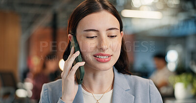 Buy stock photo Business, woman and talking in office with phone call, accuracy and contact for media statement. Person, discussion or planning in workplace with mobile, investigation and testimony for press release