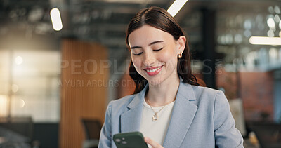Buy stock photo Happy, woman and break in office with phone, reading social media news or check app for text message. Person, smile and browsing in workplace with tech, digital communication and internet network.