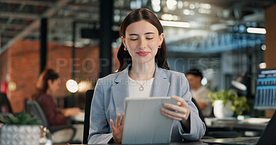 Buy stock photo Creative, smile and woman with tablet in office, blogger and planning for article and search on app. Business, copywriting and happy person with technology, coworking and scroll blog post on website