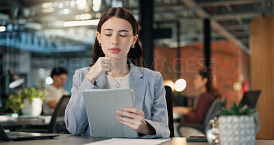 Buy stock photo Woman, thinking and reading in office with tablet, planning or copywriter check newsletter campaign. Network, coworking or person in creative agency with tech, email marketing or copywriting project.