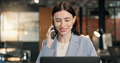 Buy stock photo Smile, woman and laptop in office with phone call, research and contact for media statement. Female person, mobile and discussion in workplace with tech, proofreading and testimony for press release
