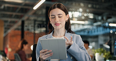 Buy stock photo Creative, typing and woman with tablet in office, blogger and planning for article or search on app. Business, copywriting and happy person with technology, coworking and scroll blog post on website