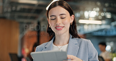 Buy stock photo Reading, online and woman with tablet in office, blogger and planning for article or research on app. Business, copywriting and happy person with technology, coworking and creative blog on website