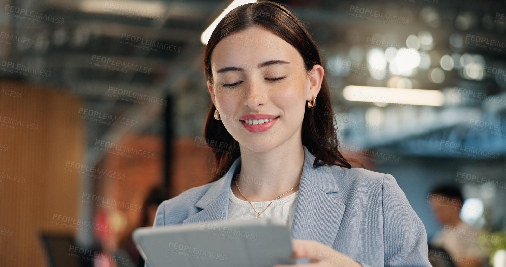 Buy stock photo Reading, online and woman with tablet in office, blogger and planning for article or research on app. Business, copywriting and happy person with technology, coworking and creative blog on website