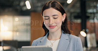 Buy stock photo Woman, reading and research with tablet in office, blogger and planning for article and info on app. Business, copywriting and happy person with technology, creative and review blog post on website