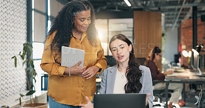 Buy stock photo Creative, mentor and women with laptop in office, teamwork or planning for brand campaign on website. Digital marketing, manager and happy people with technology, coworking and advice for ad strategy