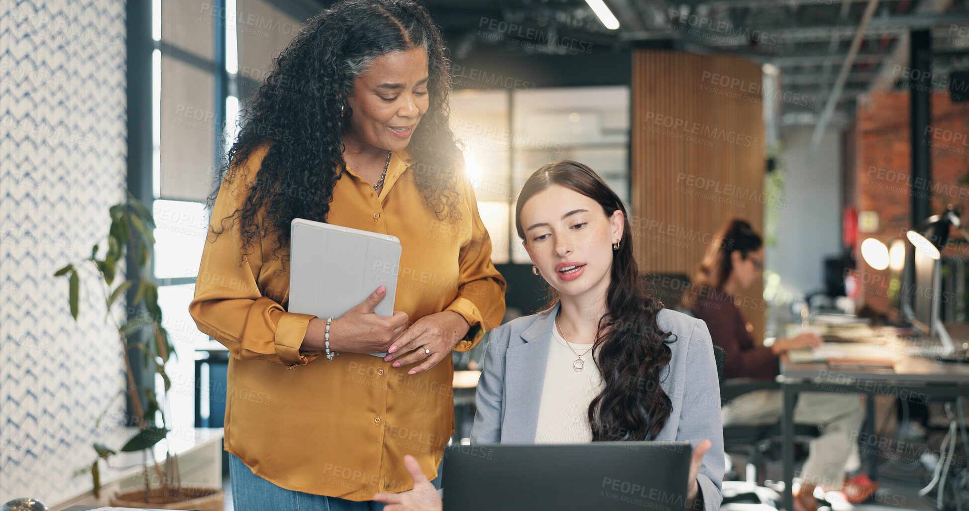 Buy stock photo Creative, mentor and women with laptop in office, teamwork or planning for brand campaign on website. Digital marketing, manager and happy people with technology, coworking and advice for ad strategy