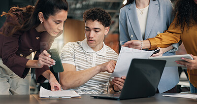 Buy stock photo Man, team and documents with stress for workload, laptop or multitasking for payroll deadline chaos. Office, people and overwhelmed worker with tech, paperwork and pressure in administration job.