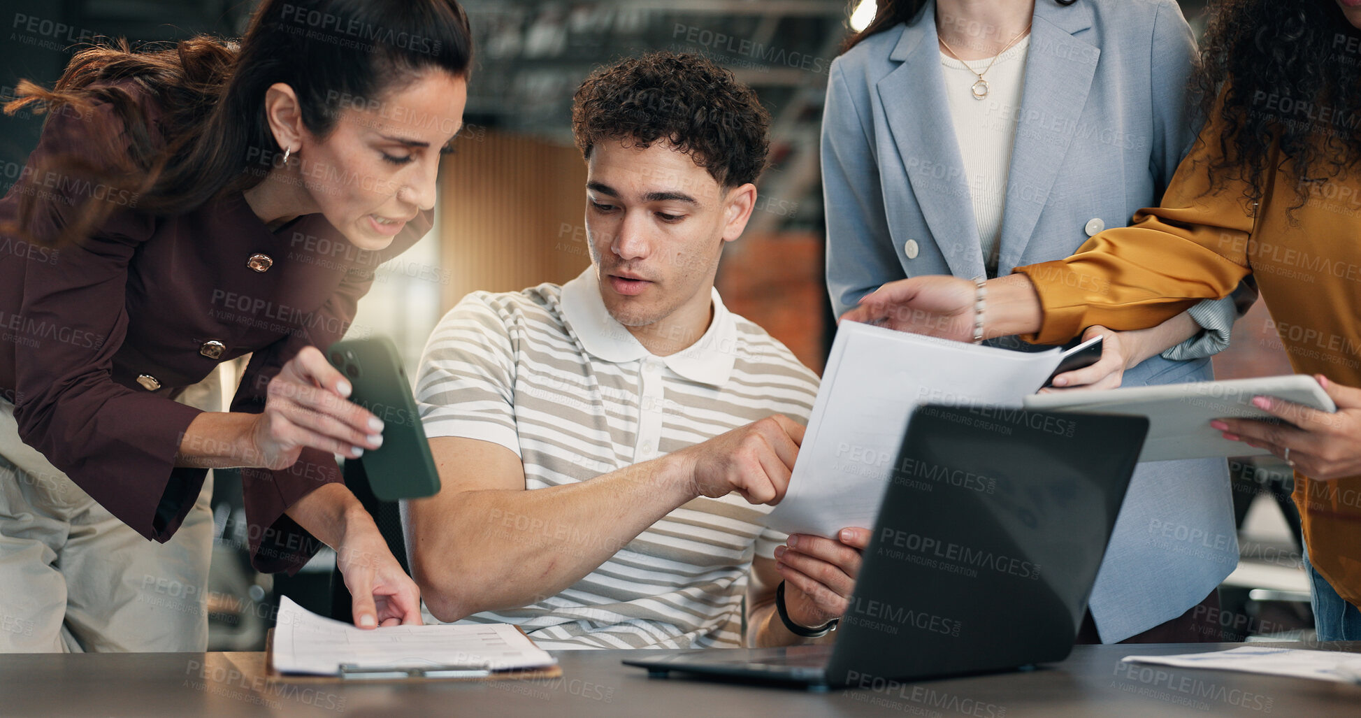 Buy stock photo Man, team and documents with stress for workload, laptop or multitasking for payroll deadline chaos. Office, people and overwhelmed worker with tech, paperwork and pressure in administration job.