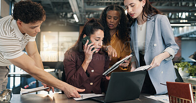 Buy stock photo Woman, team and phone call with stress for workload, data report or multitasking for audit deadline. Office, people and overwhelmed auditor with tech, contact and statistics for financial accounting.