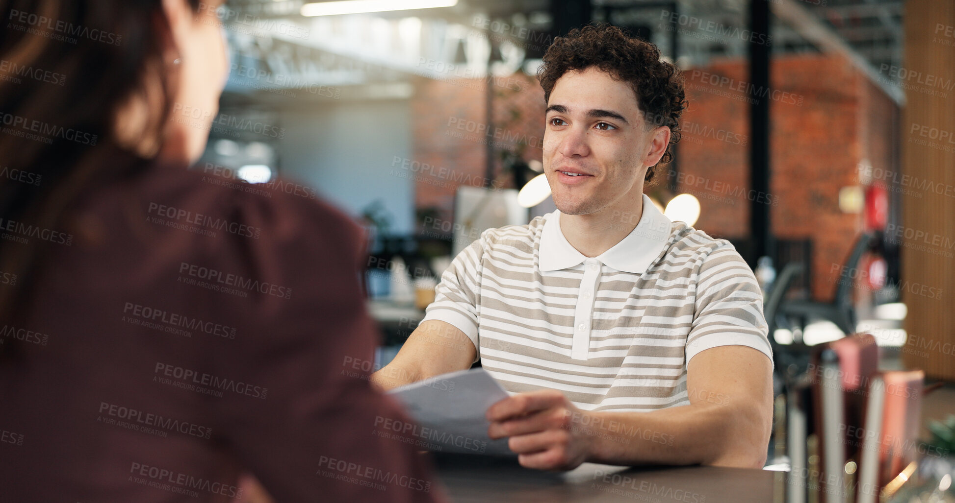 Buy stock photo Job interview, meeting and business people in office with resume, career opportunity or onboarding. Happy, discussion and hr manager with corporate candidate for recruitment process with CV at agency