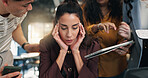 Woman, team and headache with stress for workload, tablet and multitasking chaos for audit deadline. Office, people and overwhelmed auditor with tech, migraine and pressure for financial accounting.