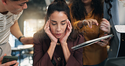 Buy stock photo Woman, team and headache with stress for workload, tablet and multitasking chaos for audit deadline. Office, people and overwhelmed auditor with tech, migraine and pressure for financial accounting.