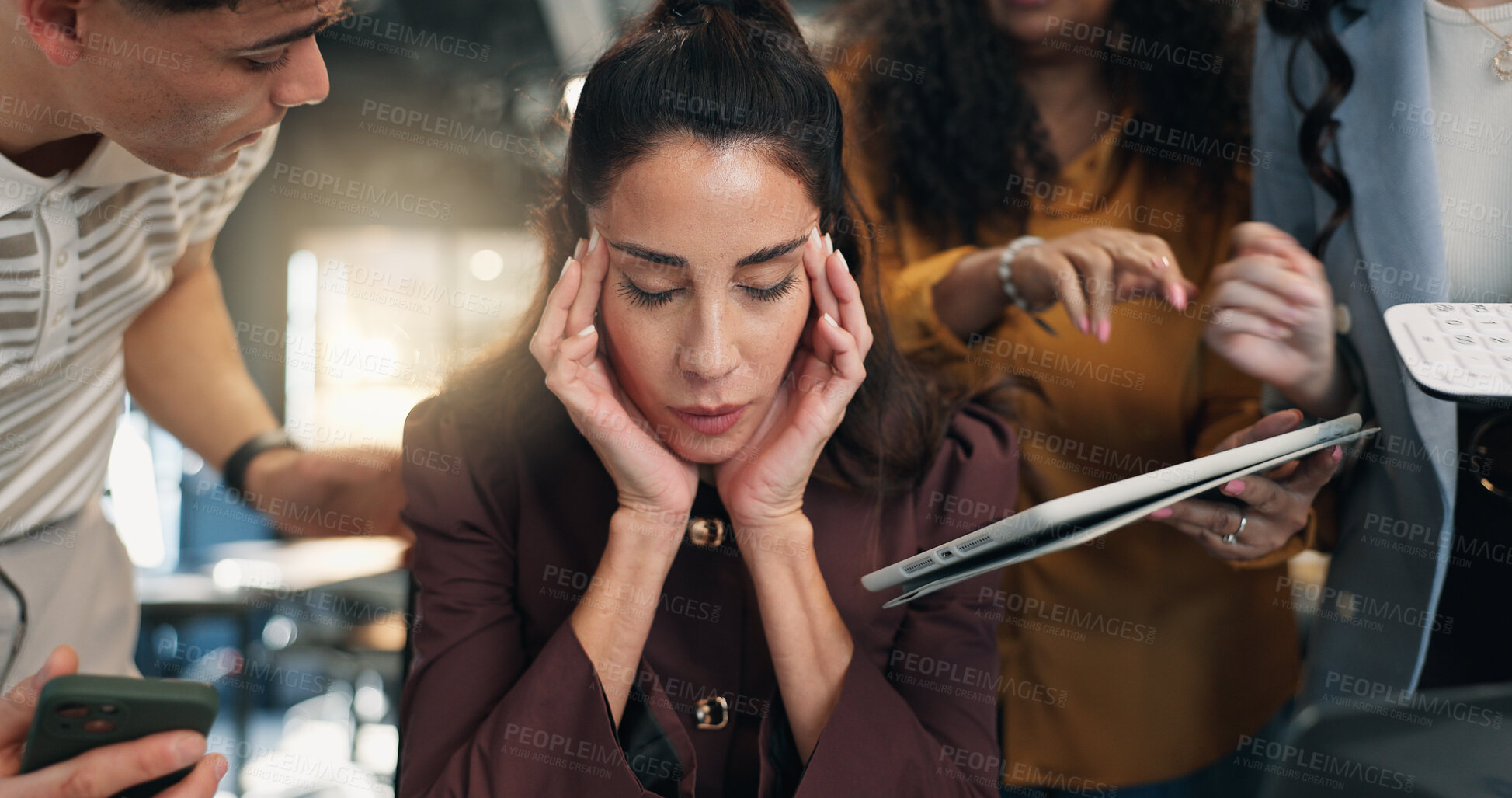 Buy stock photo Woman, team and headache with stress for workload, tablet and multitasking chaos for audit deadline. Office, people and overwhelmed auditor with tech, migraine and pressure for financial accounting.